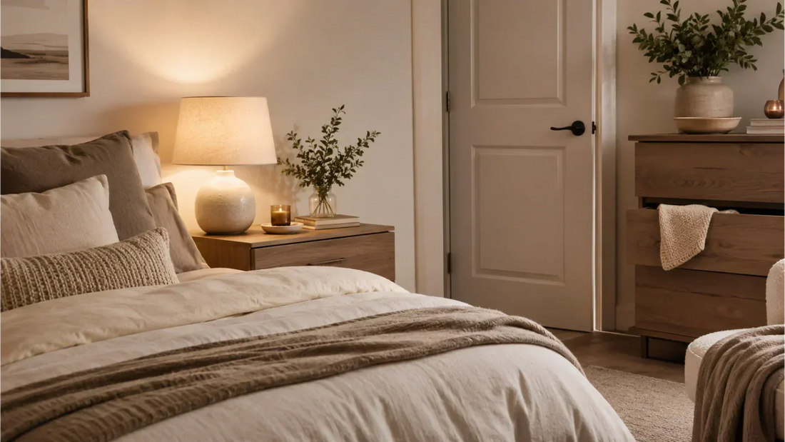 Quiet vibrator guide for roommates in a softly lit shared home bedroom
