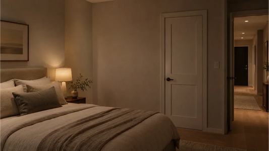 Quiet apartment bedroom with closed door and soft evening lighting