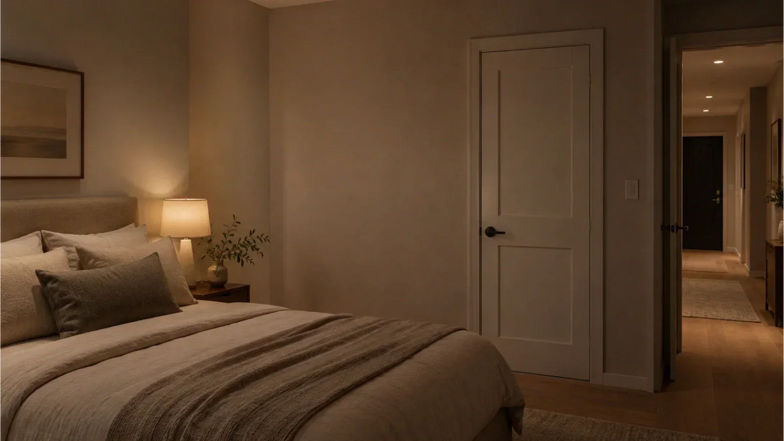Quiet apartment bedroom with closed door and soft evening lighting