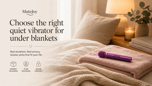Quiet vibrator guide for under blankets with soft bedding and discreet bedroom setting