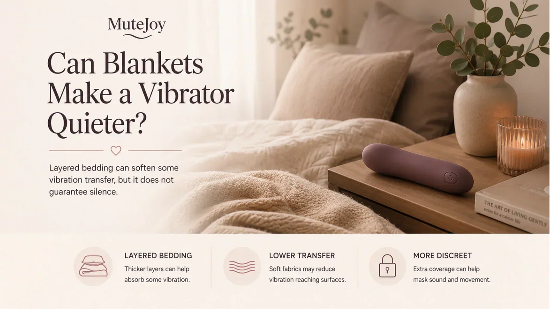 Layered bedding and a discreet vibrator on a bedside table showing how blankets may soften vibration transfer