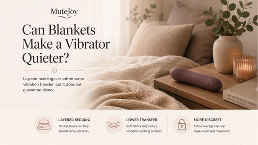 Layered bedding and a discreet vibrator on a bedside table showing how blankets may soften vibration transfer