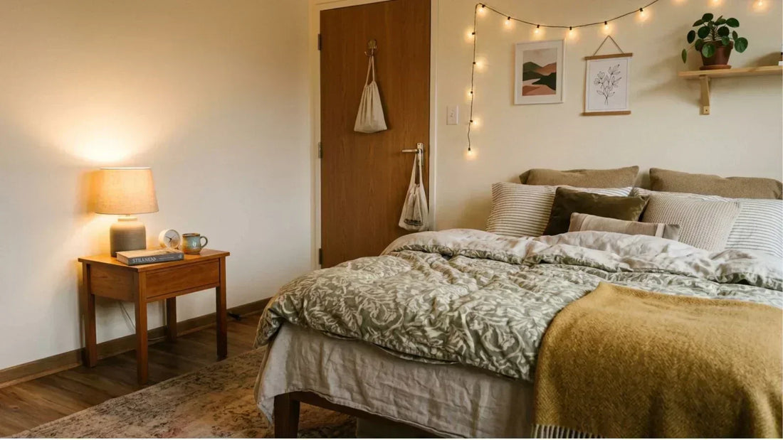 Softly lit bedroom with layered bedding and a closed door in a shared apartment
