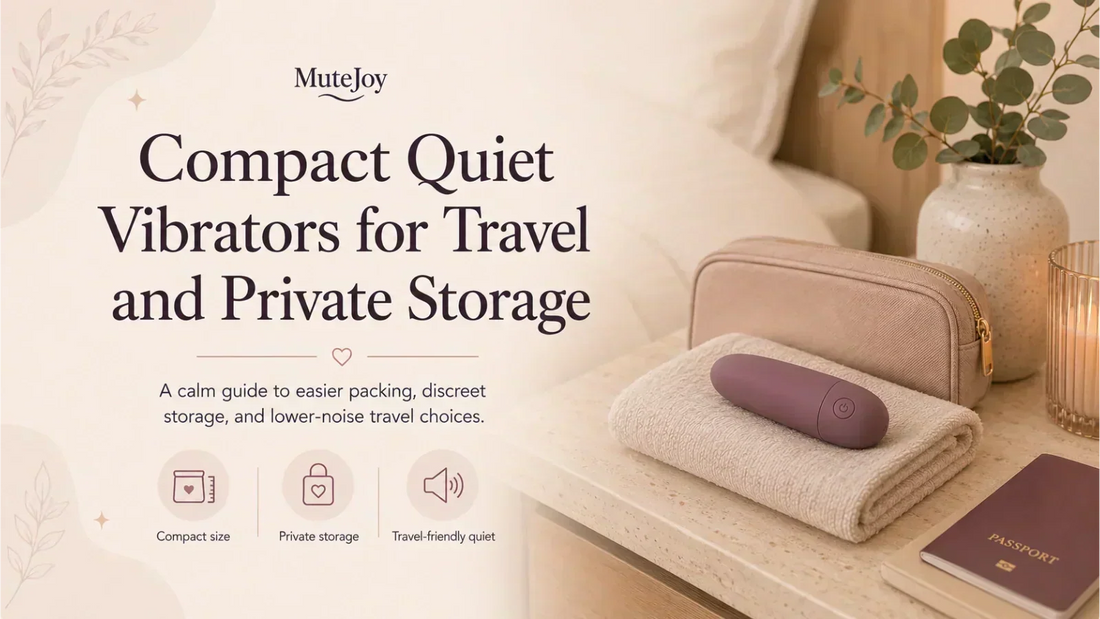 Compact quiet vibrators for travel and private storage with discreet pouch and soft neutral bedroom styling