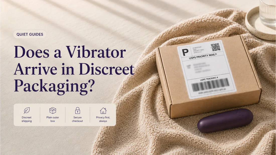Plain discreet MuteJoy shipping box for a vibrator order in a calm bedroom setting