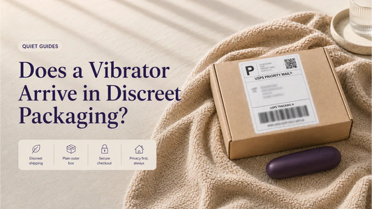 Plain discreet MuteJoy shipping box for a vibrator order in a calm bedroom setting