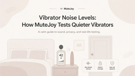 Vibrator noise levels guide showing MuteJoy testing quieter vibrators in a calm bedroom setting